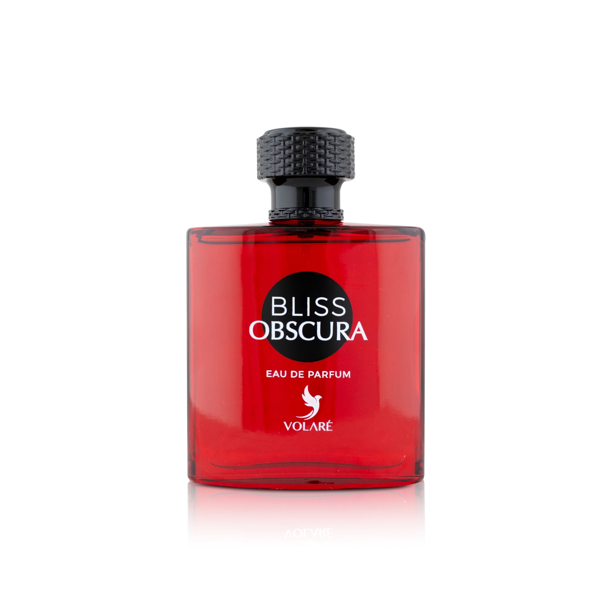 Red perfume bottle labeled 'Bliss Obscura' by Volare on a white background