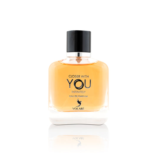 Perfume bottle labeled 'Closer with You' by Volare on a white background