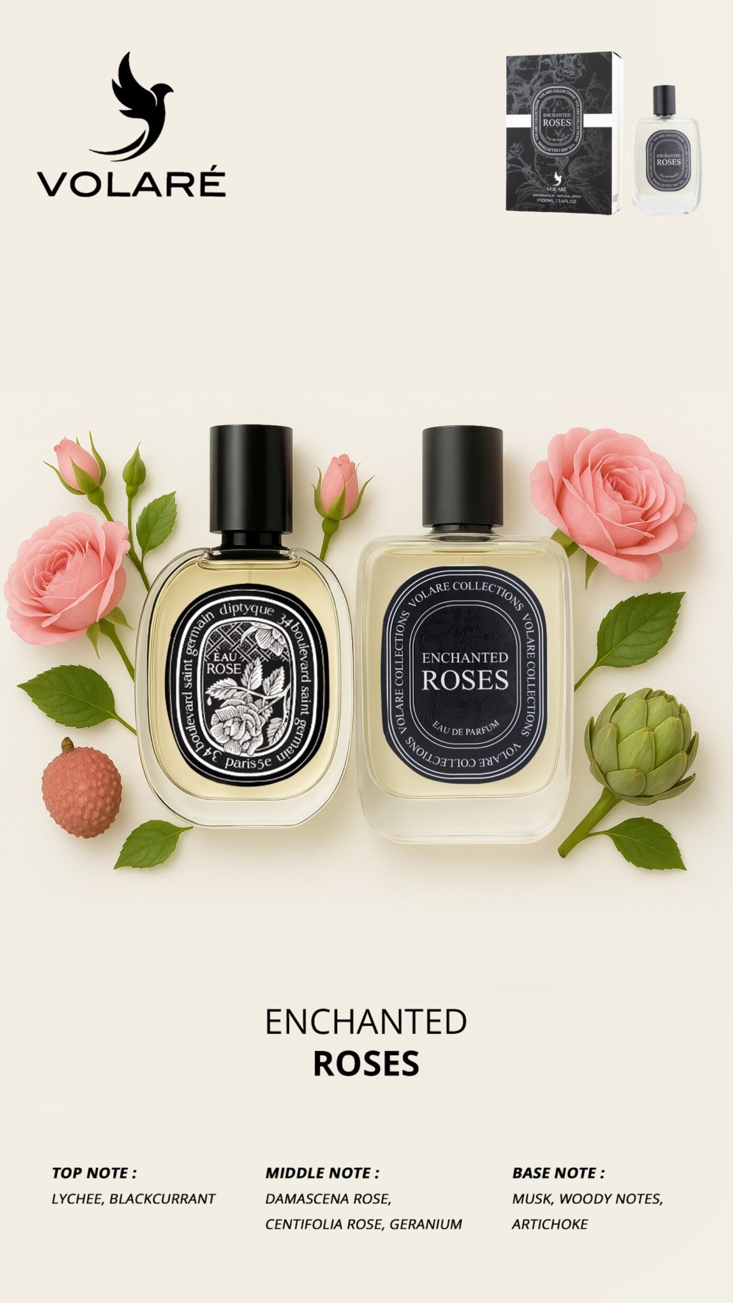 Two bottles of 'Enchanted Roses' perfume with floral elements on a white background, featuring the Volare brand.