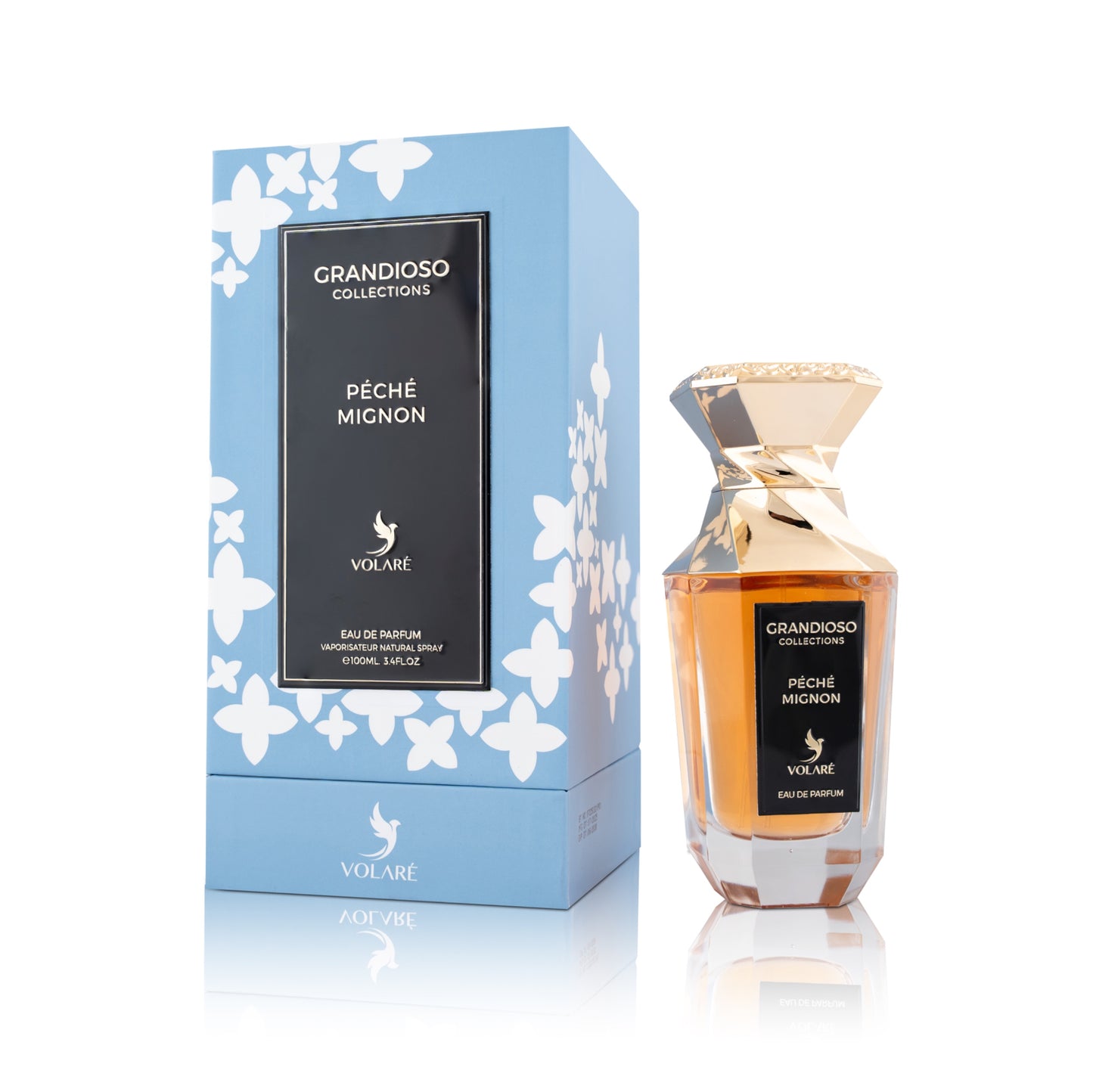 Perfume bottle and packaging of Grandioso Collections Pèche Mignon with Volare branding on a white background