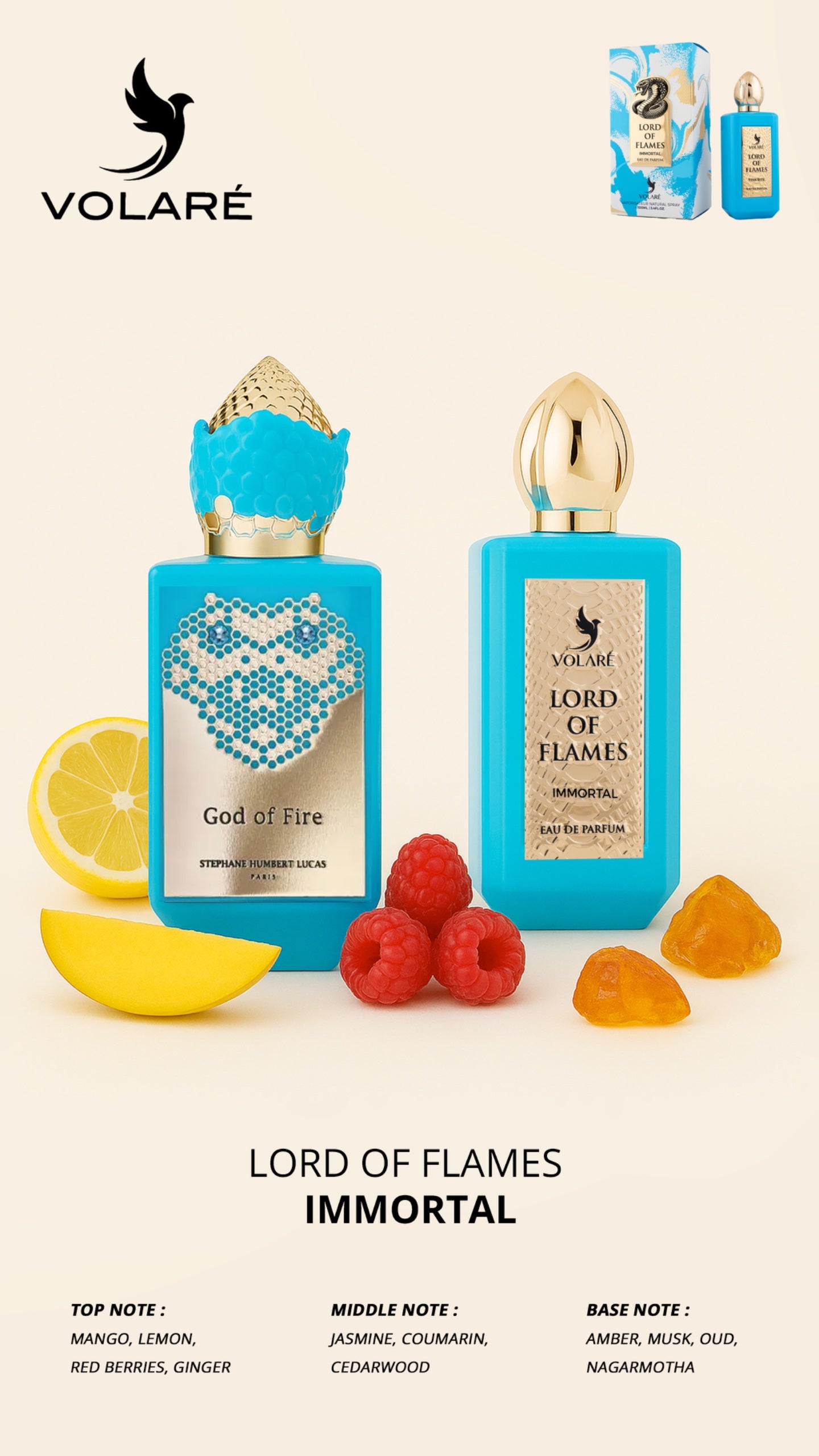 Two blue perfume bottles labeled 'God of Fire' and 'Lord of Flames' with fruit and a lemon on a white background.