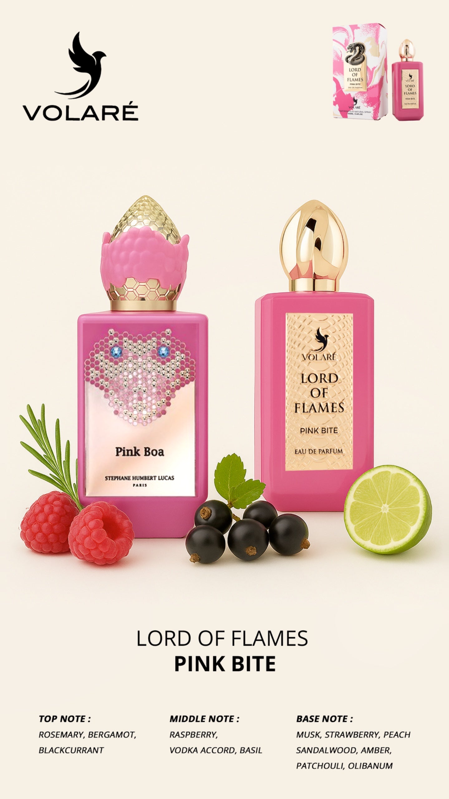 Two Voláré perfume bottles with ingredients and flavor description on a white background