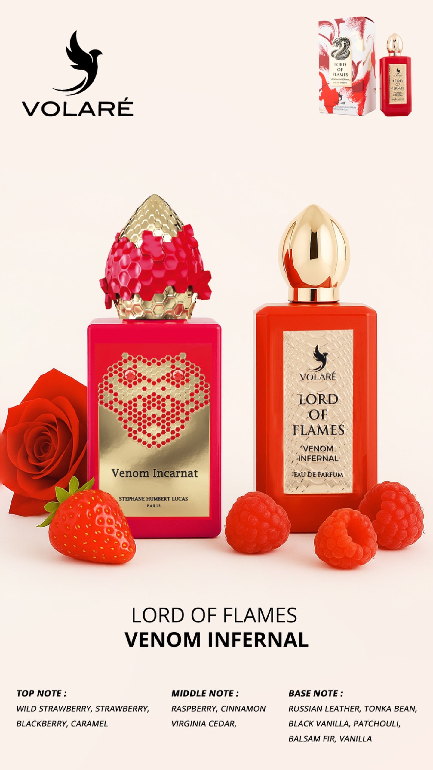 Two Volare perfume bottles with red flowers and berries on a white background