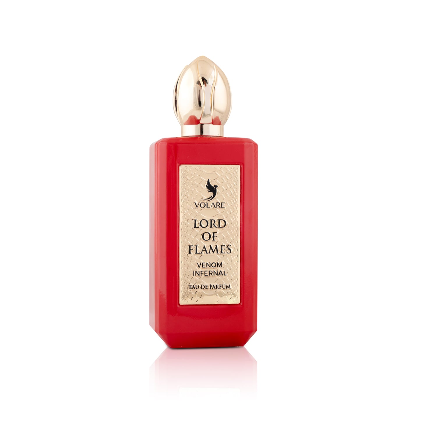 Red perfume bottle with gold cap labeled 'Lord of Flames' on a white background