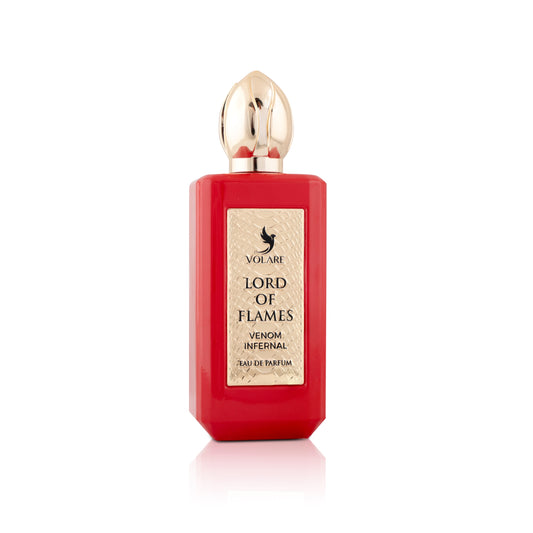 Red perfume bottle with gold cap labeled 'Lord of Flames' on a white background