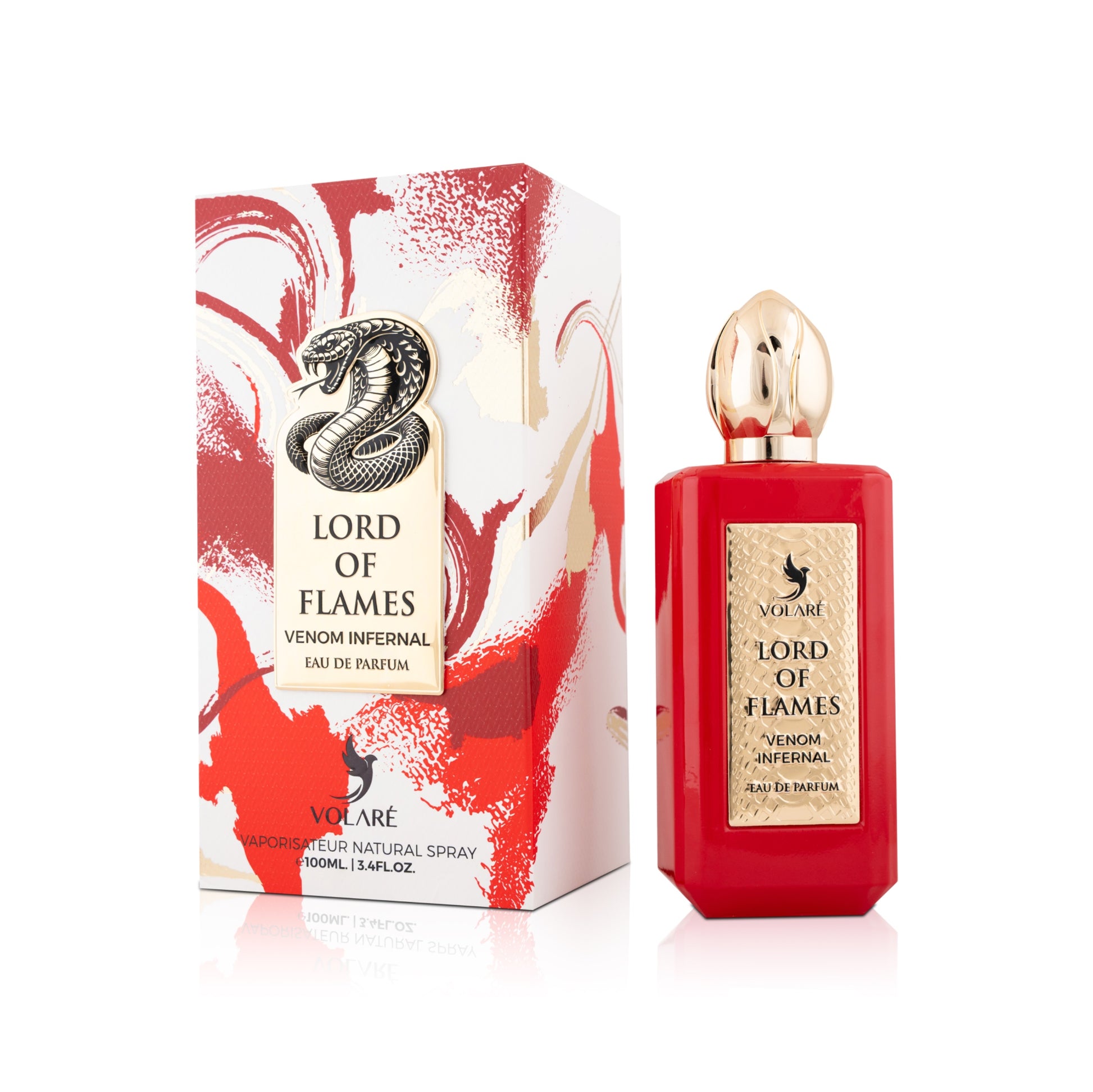 Red 'Lord of Flames' perfume bottle and packaging on a white background