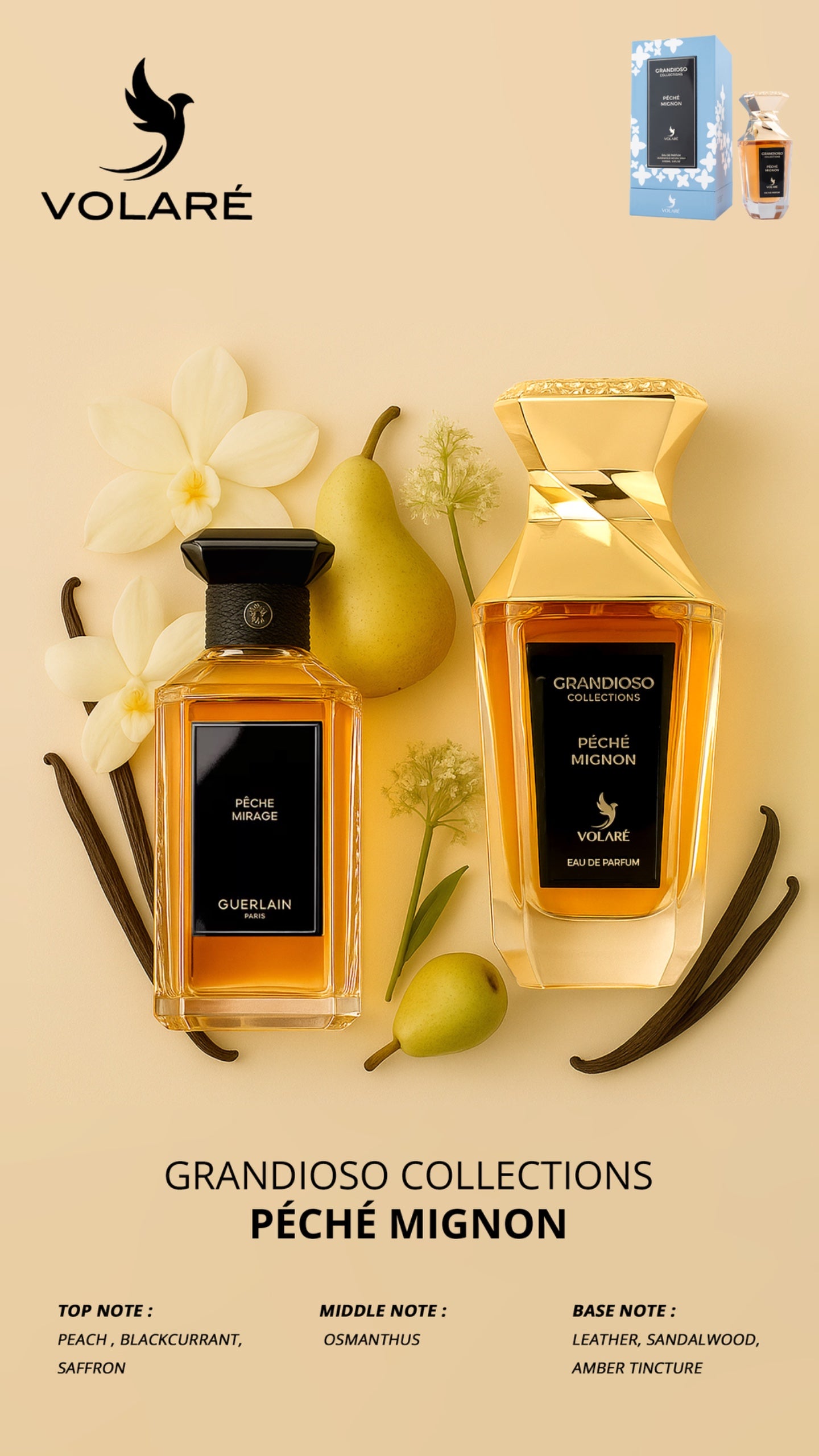 Two Volare perfume bottles with pear, vanilla, and flowers on a beige background