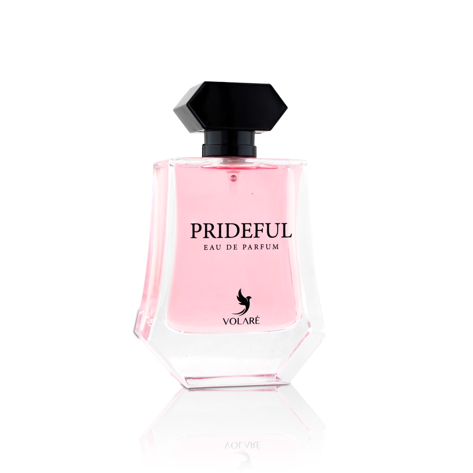 Pink perfume bottle labeled 'Prideful' by Volare on a white background