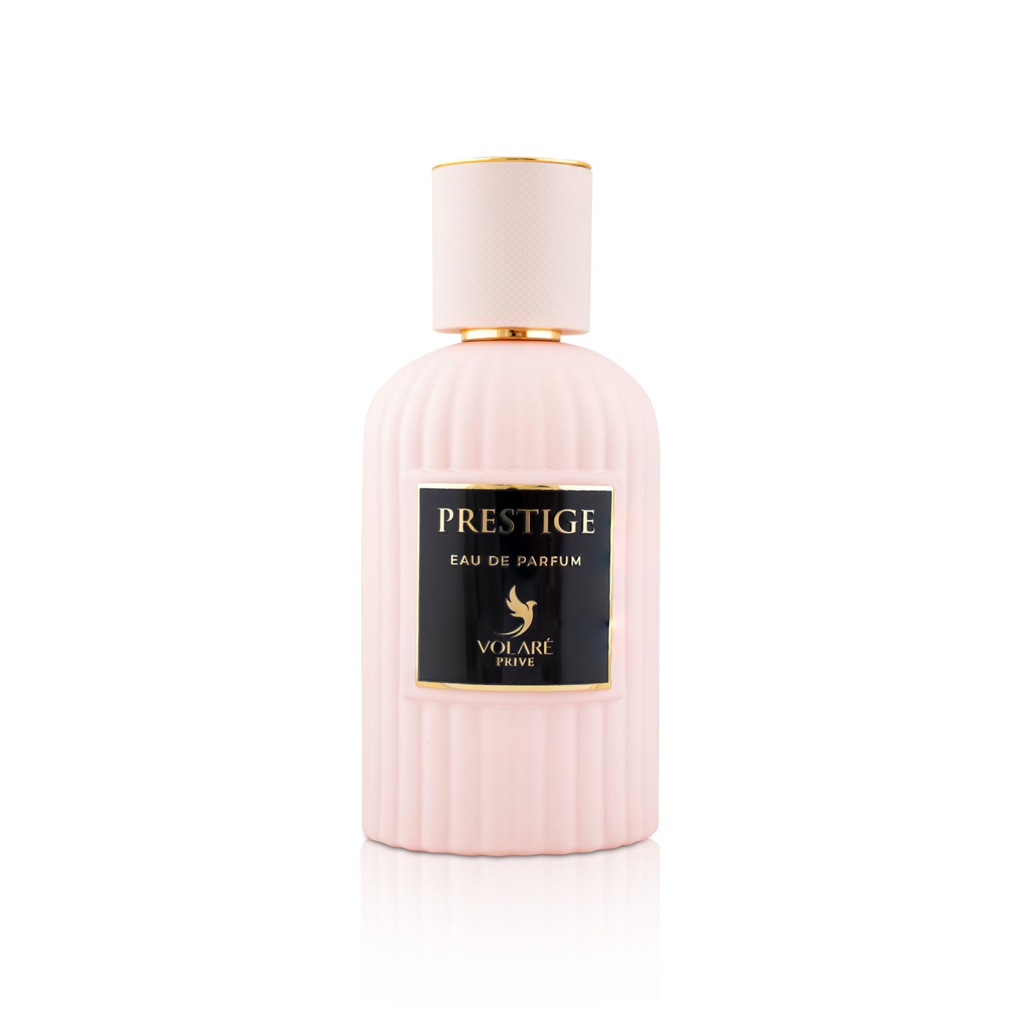 Pink perfume bottle with black label on a white background
