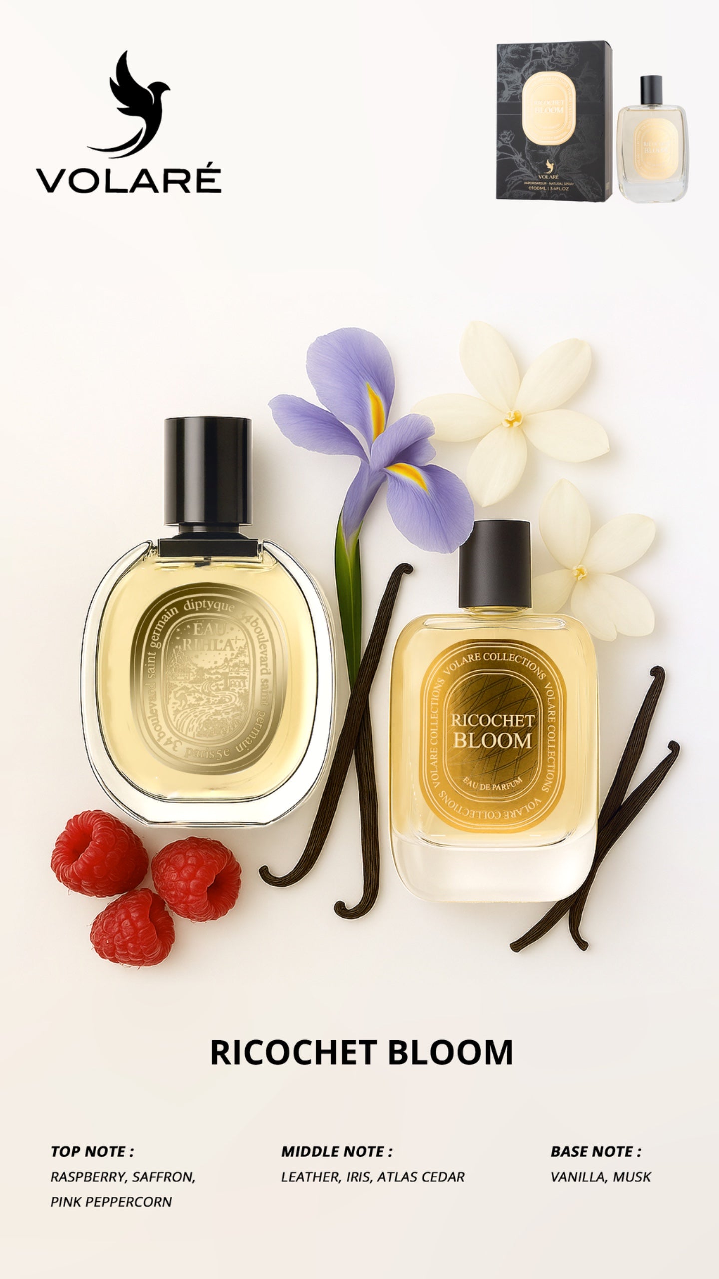 Two bottles of Volare Ricochet Bloom perfume with flowers, berries, and vanilla beans on a white background.