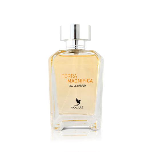 Perfume bottle labeled 'Terra Magnifica' by Volare on a white background