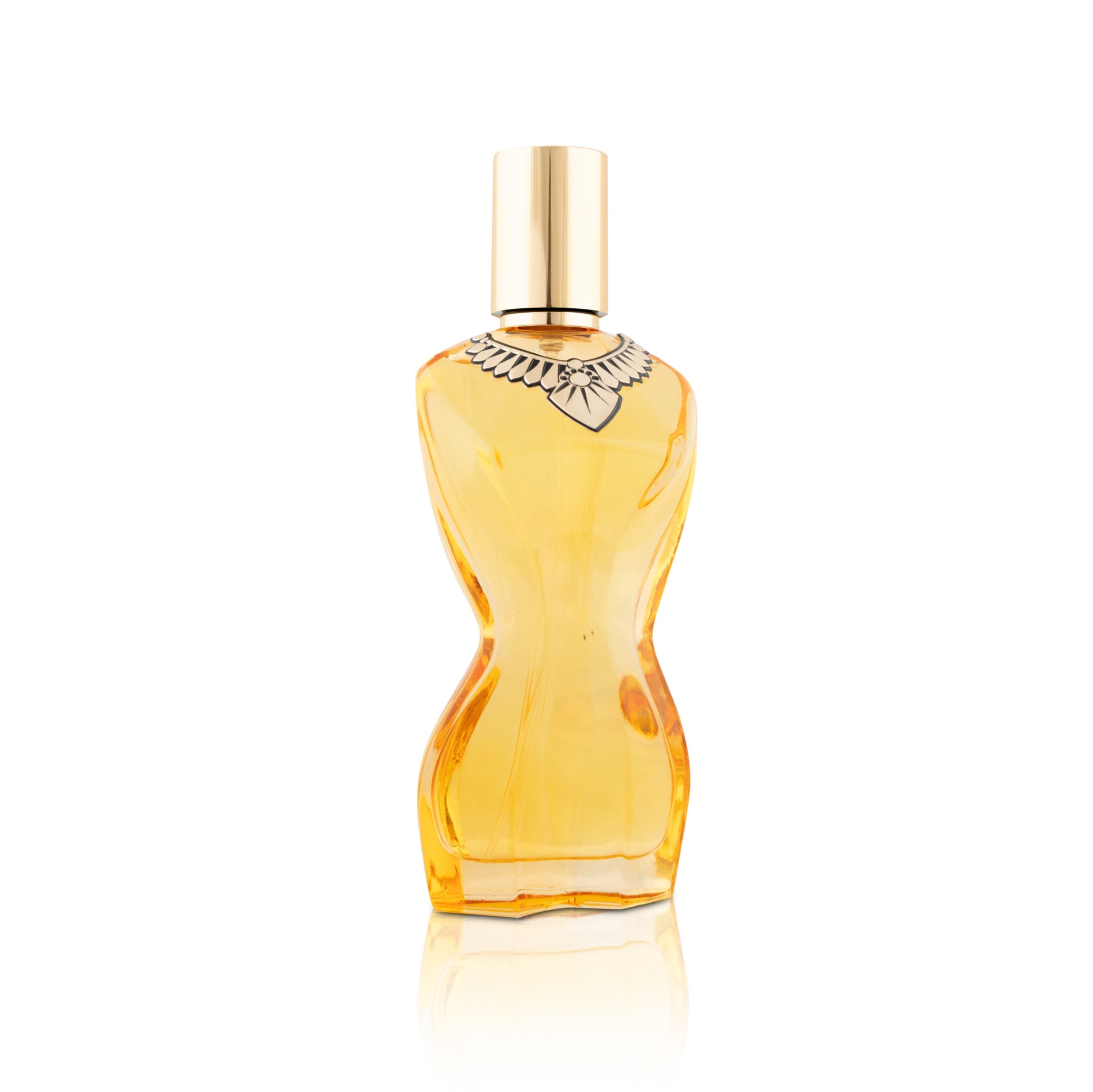 Orange perfume bottle with gold cap on a white background