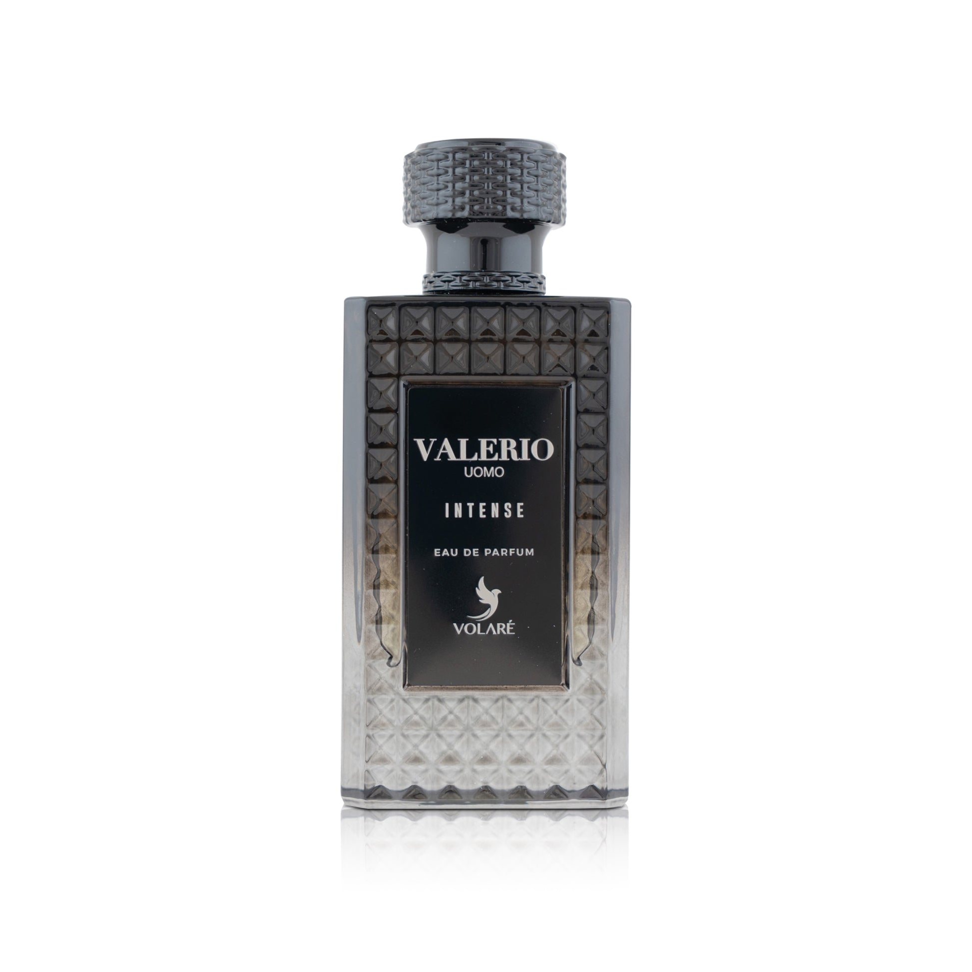 Perfume bottle labeled 'Valerio Intense' by Volare on a white background