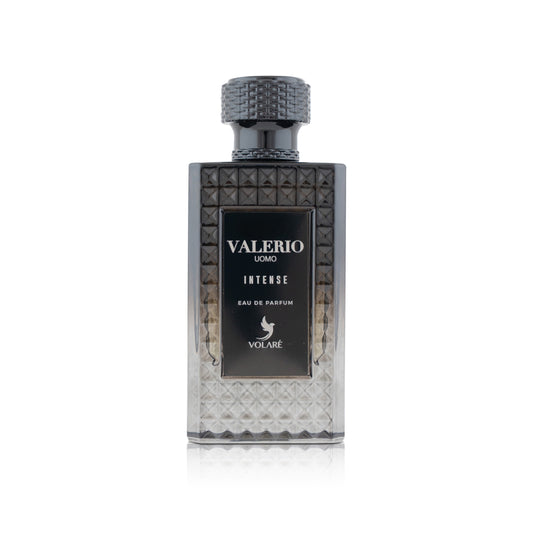 Perfume bottle labeled 'Valerio Intense' by Volare on a white background