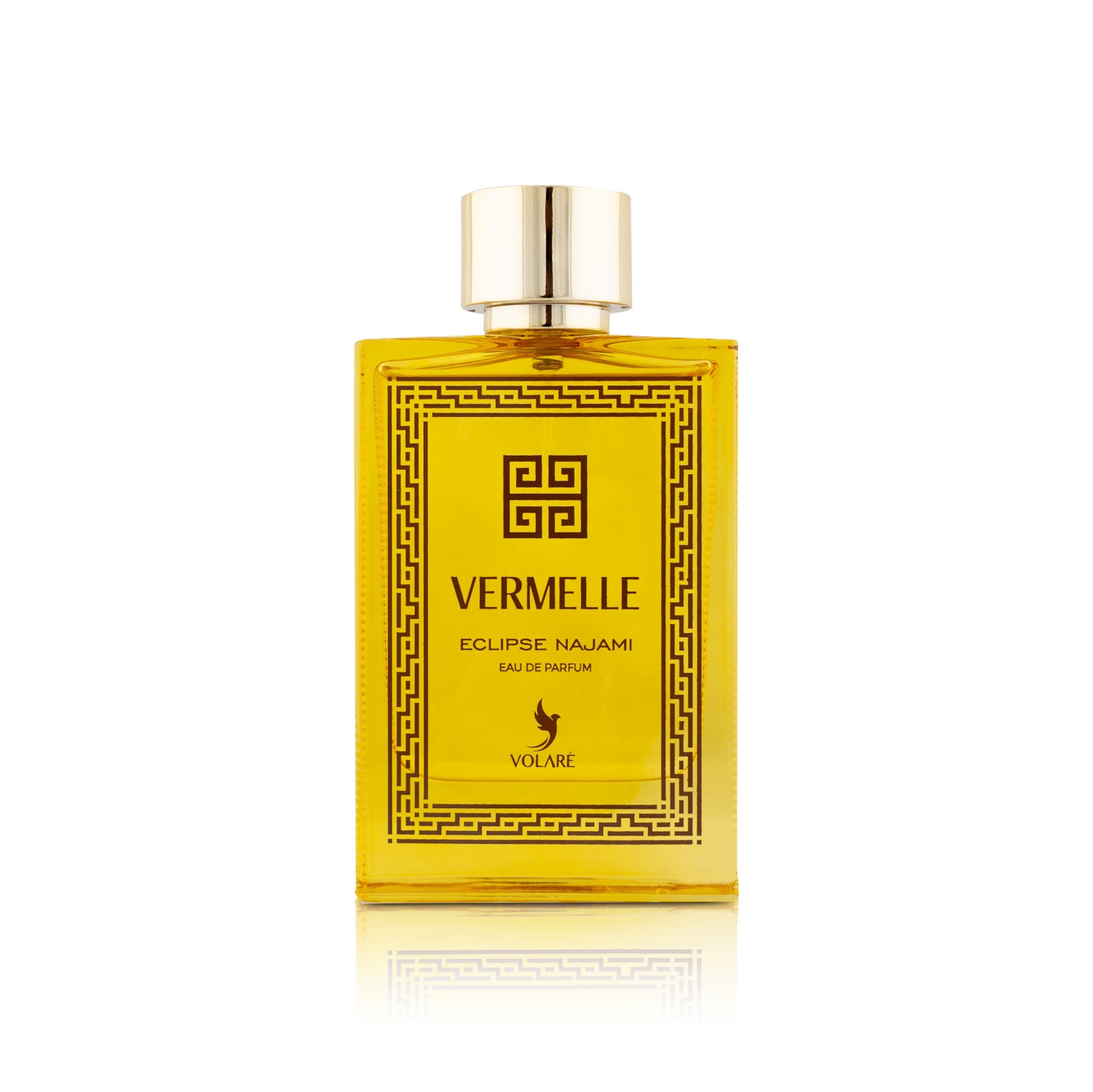 Perfume bottle with yellow label and gold cap on a white background