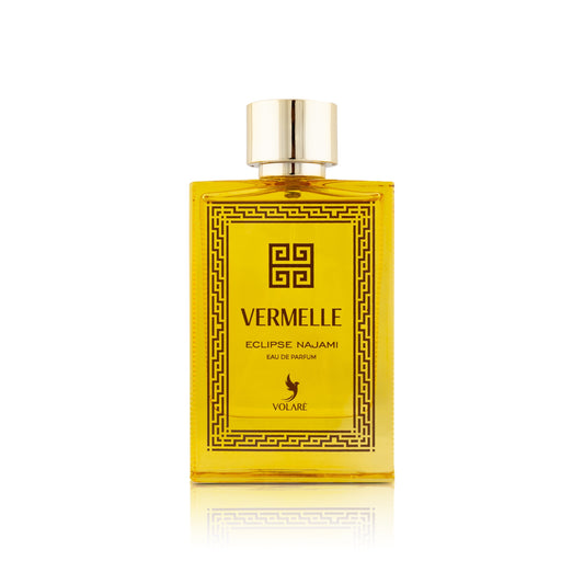 Perfume bottle with yellow label and gold cap on a white background