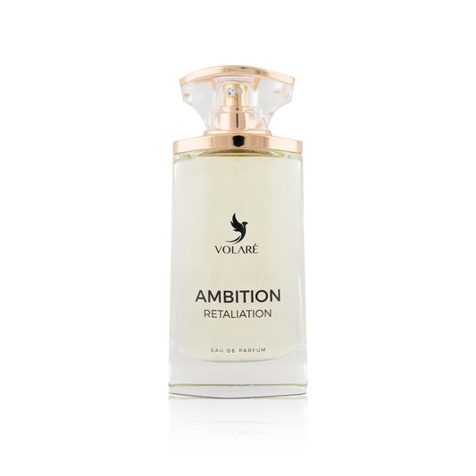 Perfume bottle labeled 'Ambition Retaliation' by Volare on a white background