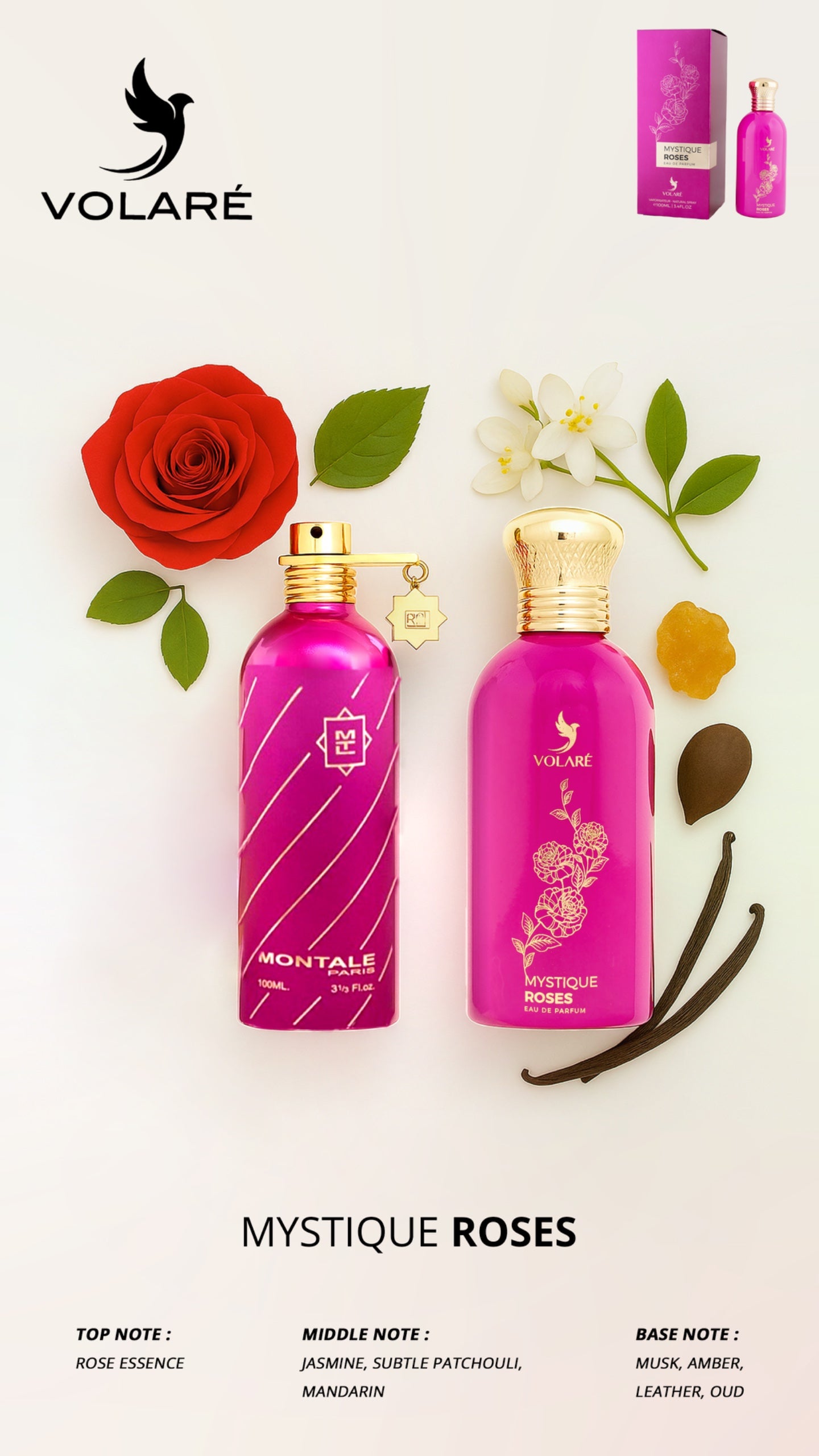 Two pink Volare perfume bottles with flowers and leaves on a white background