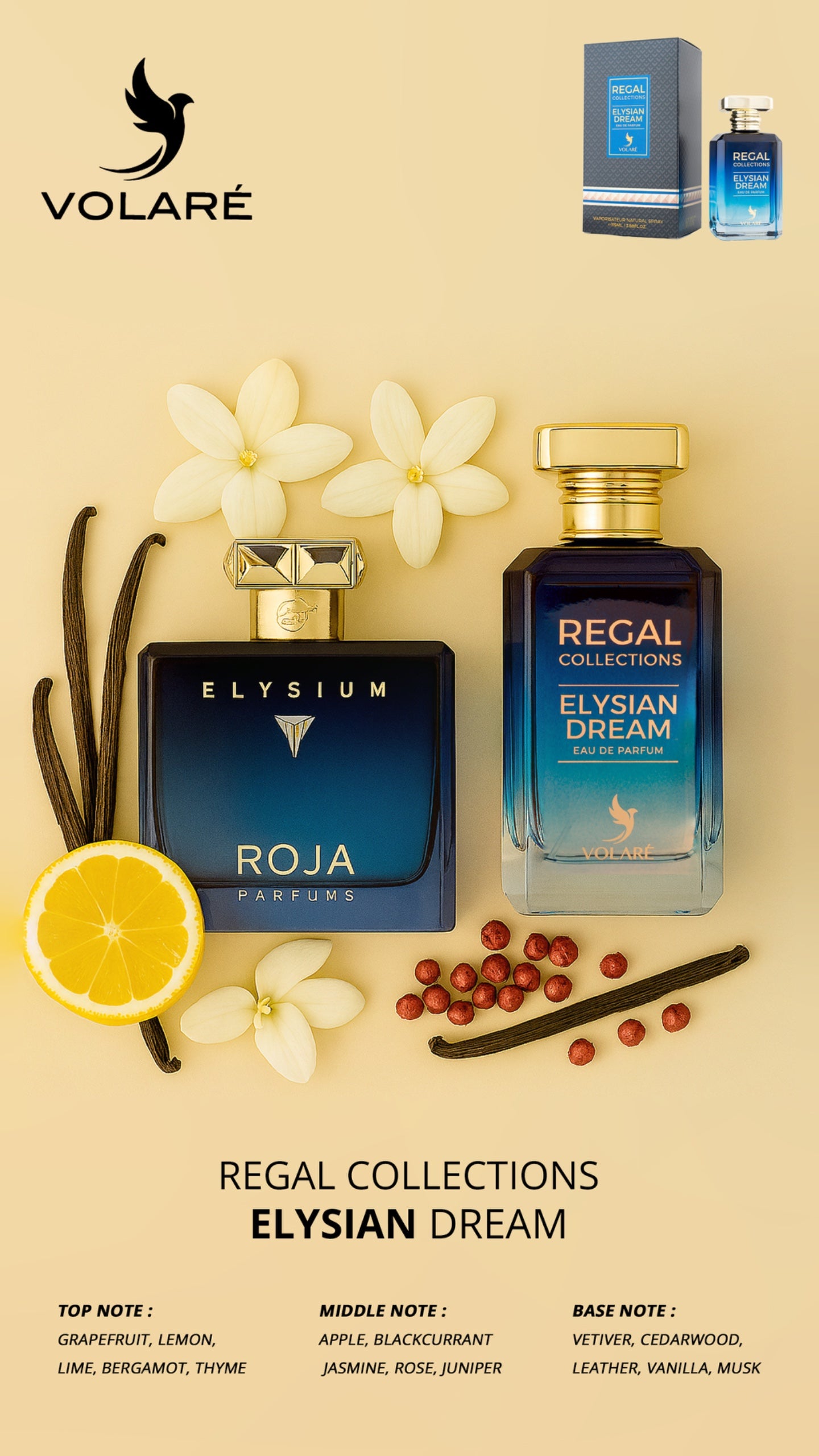 Two bottles of Roja Parfums on a beige background with flowers and fruits.