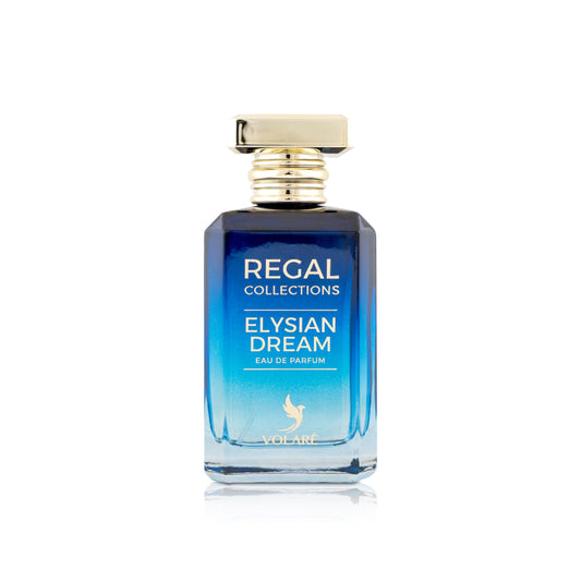 Perfume bottle labeled 'Elysian Dream' by Regal Collections on a white background