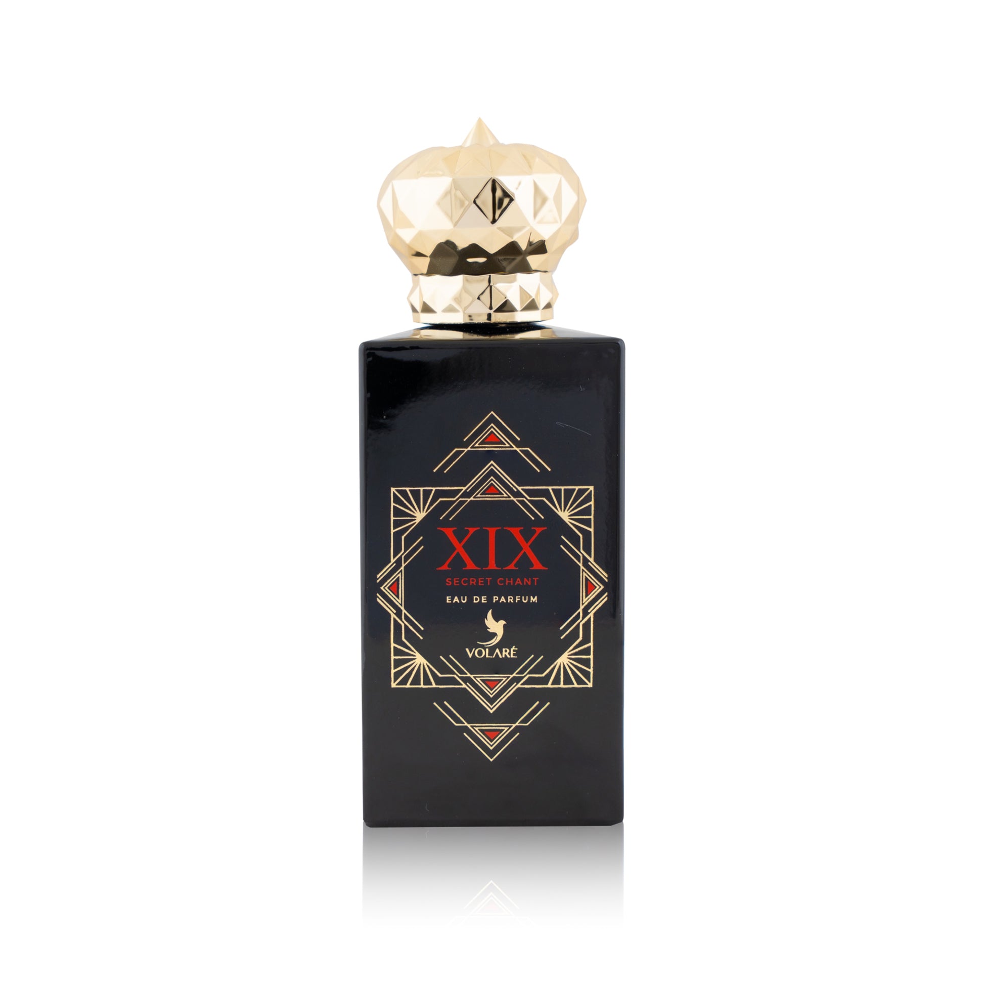 Perfume bottle with gold cap and black label featuring 'XIX' on a white background