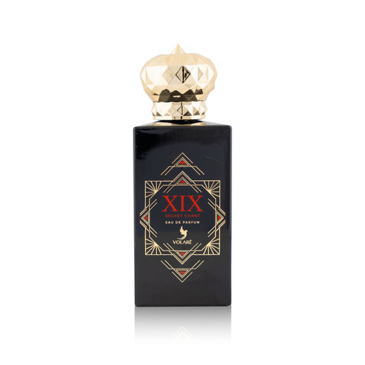Perfume bottle with gold cap and black label featuring 'XIX' on a white background