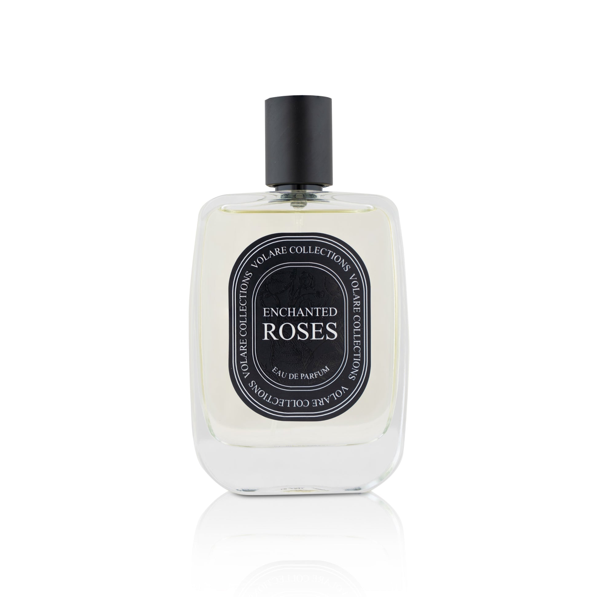 Perfume bottle labeled 'Enchanted Roses' on a white background