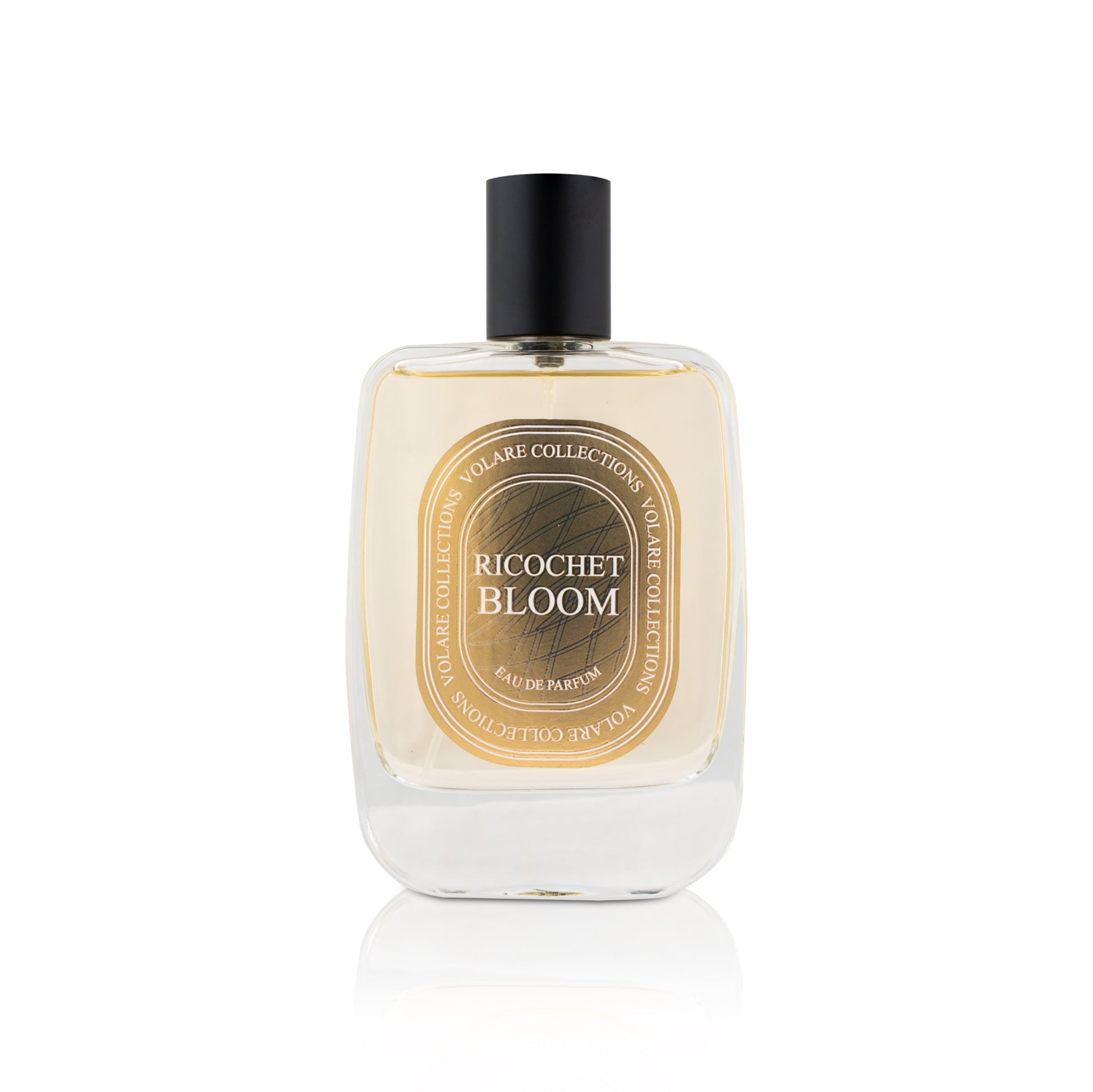 Perfume bottle labeled 'Ricochet Bloom' on a white background