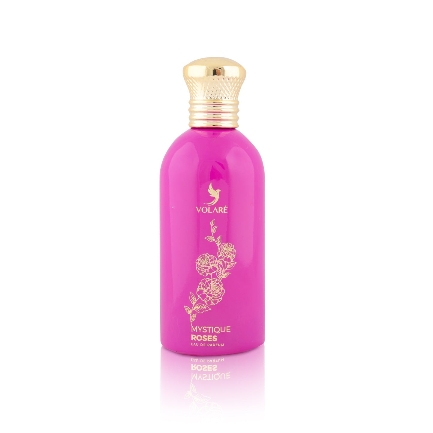 Pink perfume bottle with gold cap on a white background
