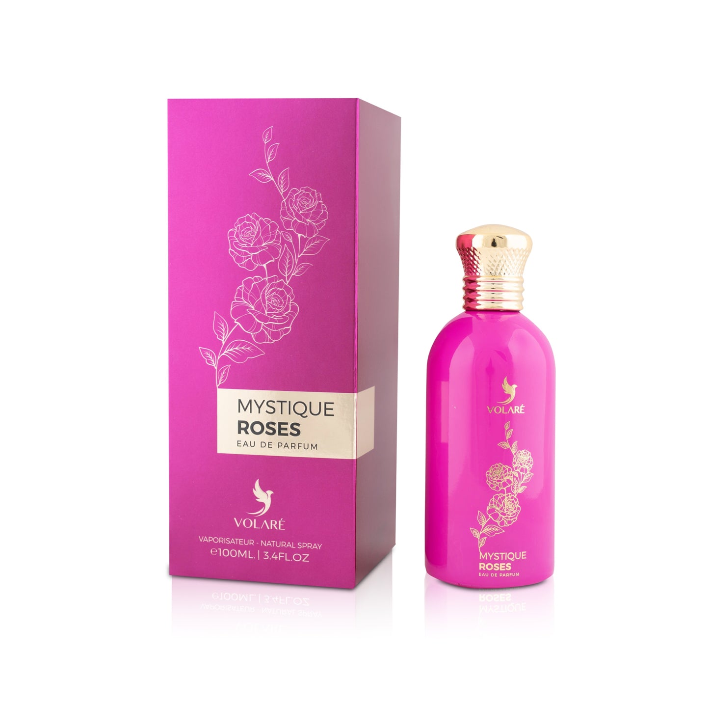 Pink 'Mystique Roses' perfume bottle and packaging on a white background