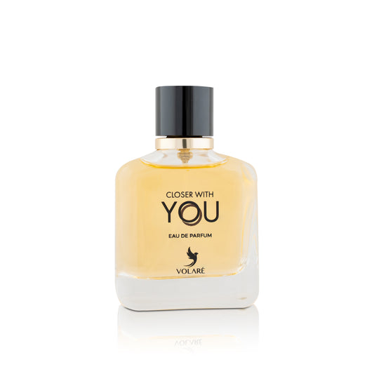 Perfume bottle labeled 'Closer with You' by Volare on a white background