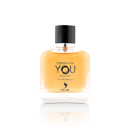 Perfume bottle labeled 'Closer with You' by Volare on a white background