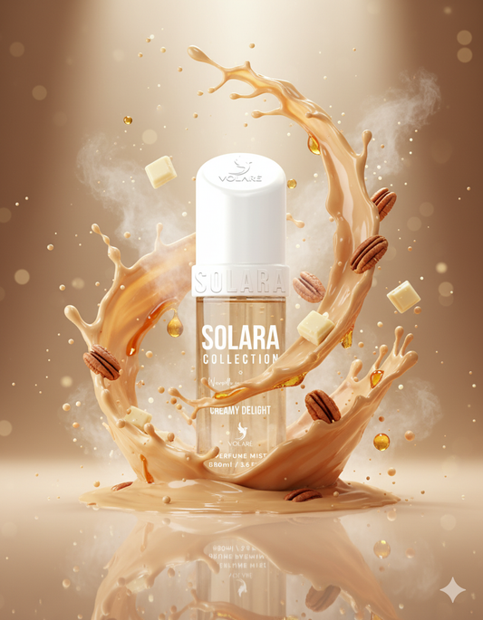 SOLARA Collection bottle surrounded by a splash of liquid and pecans on a reflective surface.