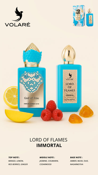 Two blue perfume bottles labeled 'God of Fire' and 'Lord of Flames' with fruit and a lemon on a white background.