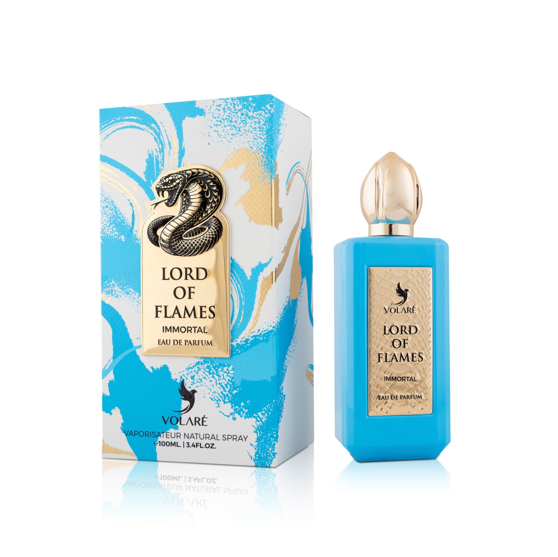 Blue perfume bottle and packaging with 'Lord of Flames' branding on a white background