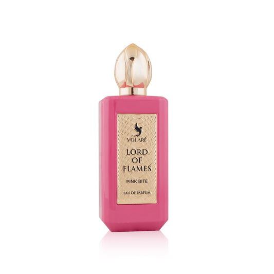 Pink perfume bottle with gold cap on a white background