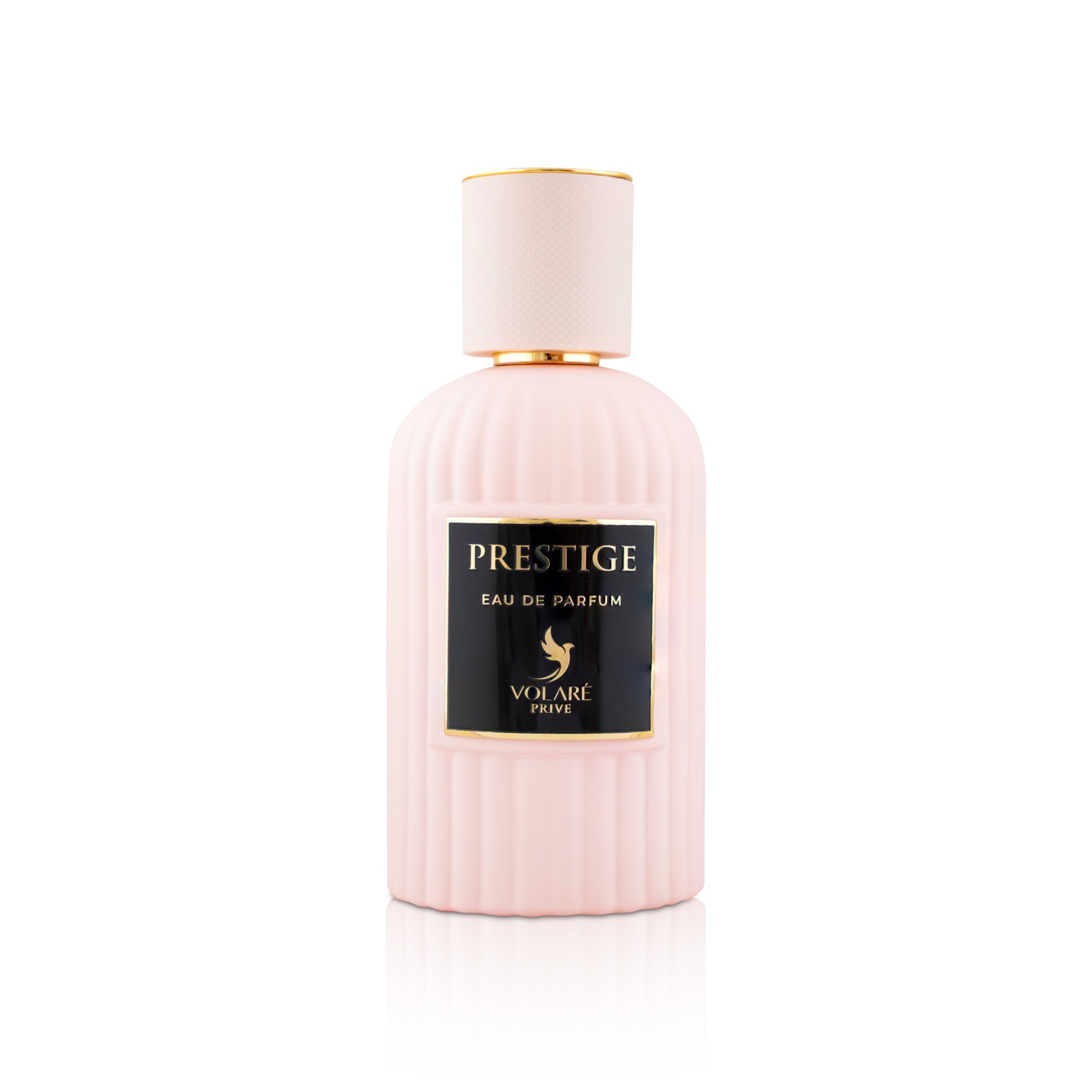 Pink perfume bottle with black label on a white background