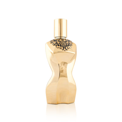 Gold perfume bottle with intricate design on a white background