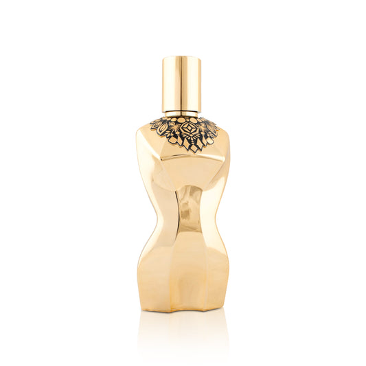 Gold perfume bottle with intricate design on a white background