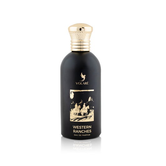 Black perfume bottle with gold cap and label on a white background