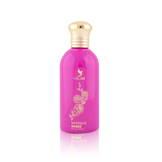 Pink perfume bottle with gold cap on a white background